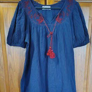 Band of the Free Women's Blue w/ Red Embroidered Flowers Tunic Mini Dress, Sz XL